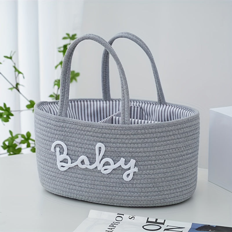 1pc Stylish Woven Storage Basket For Baby Diapers And Essentials, 3 Compartments Portable Storage Basket, Feeding Bottle Diaper Mother Bag, Portable Cotton Rope Diaper Organizer For Changing Table, Perfect For Daily Use