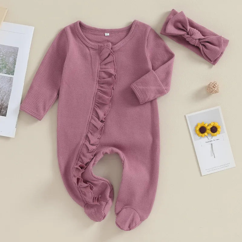 RUEWEY Nouveau-né Bébé Fille Garçon Vêtements Printemps Automne Barboteuse Couleur Unie Volants Combinaison pour Enfants Nourrisson Bébé Articles Vêtements