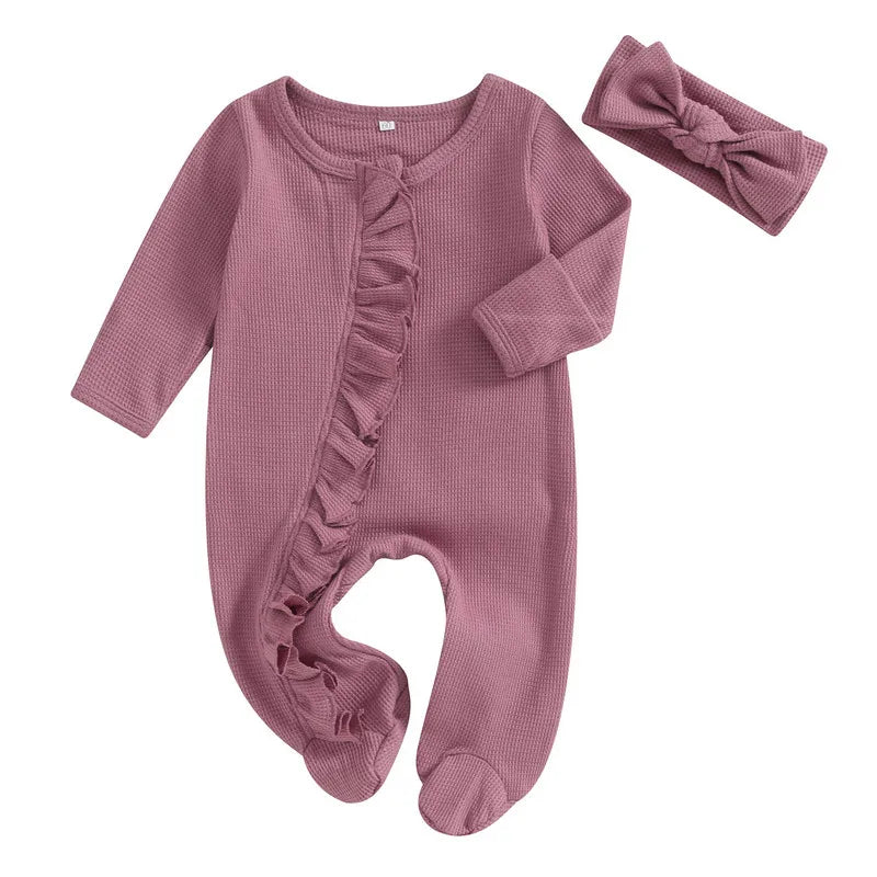 RUEWEY Nouveau-né Bébé Fille Garçon Vêtements Printemps Automne Barboteuse Couleur Unie Volants Combinaison pour Enfants Nourrisson Bébé Articles Vêtements