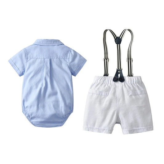 Ensemble de vêtements pour nouveau-né garçon, couleur unie, avec nœud, costume formel pour tout-petits, barboteuse bleu ciel d'été + short blanc, vêtements pour bébé