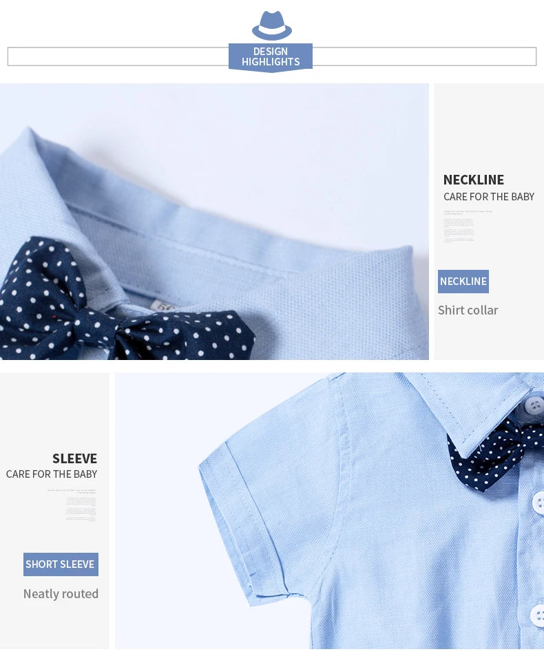 Ensemble de vêtements pour nouveau-né garçon, couleur unie, avec nœud, costume formel pour tout-petits, barboteuse bleu ciel d'été + short blanc, vêtements pour bébé