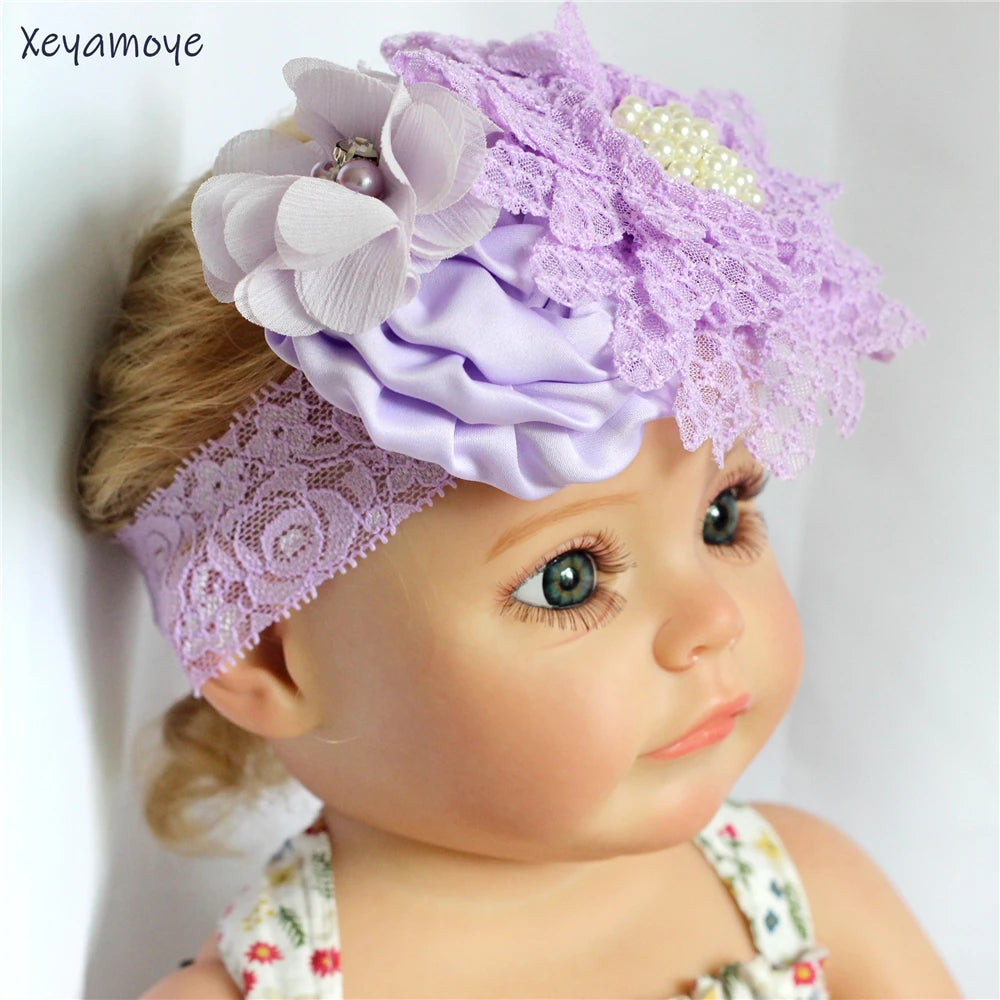 Baby Birthday Headband Photo Props Headwear Chiffon Flower with Diamond Lace Wide Headband for Baby Girls Headwrap Infant Turban