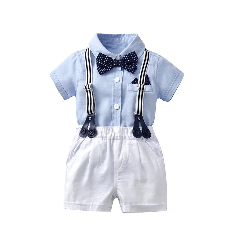 Ensemble de vêtements pour nouveau-né garçon, couleur unie, avec nœud, costume formel pour tout-petits, barboteuse bleu ciel d'été + short blanc, vêtements pour bébé