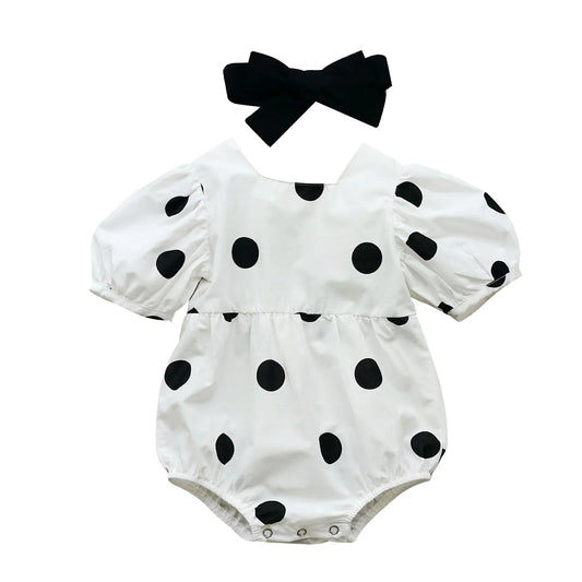 Barboteuse à manches courtes pour bébé avec bandeau à nœud, imprimé à pois, style doux, vêtements d'été, 0-24 mois
