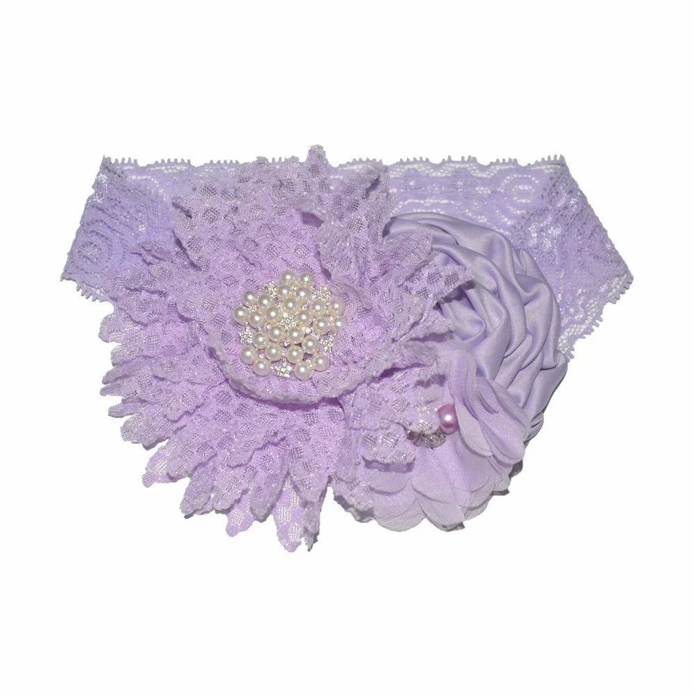 Baby Birthday Headband Photo Props Headwear Chiffon Flower with Diamond Lace Wide Headband for Baby Girls Headwrap Infant Turban