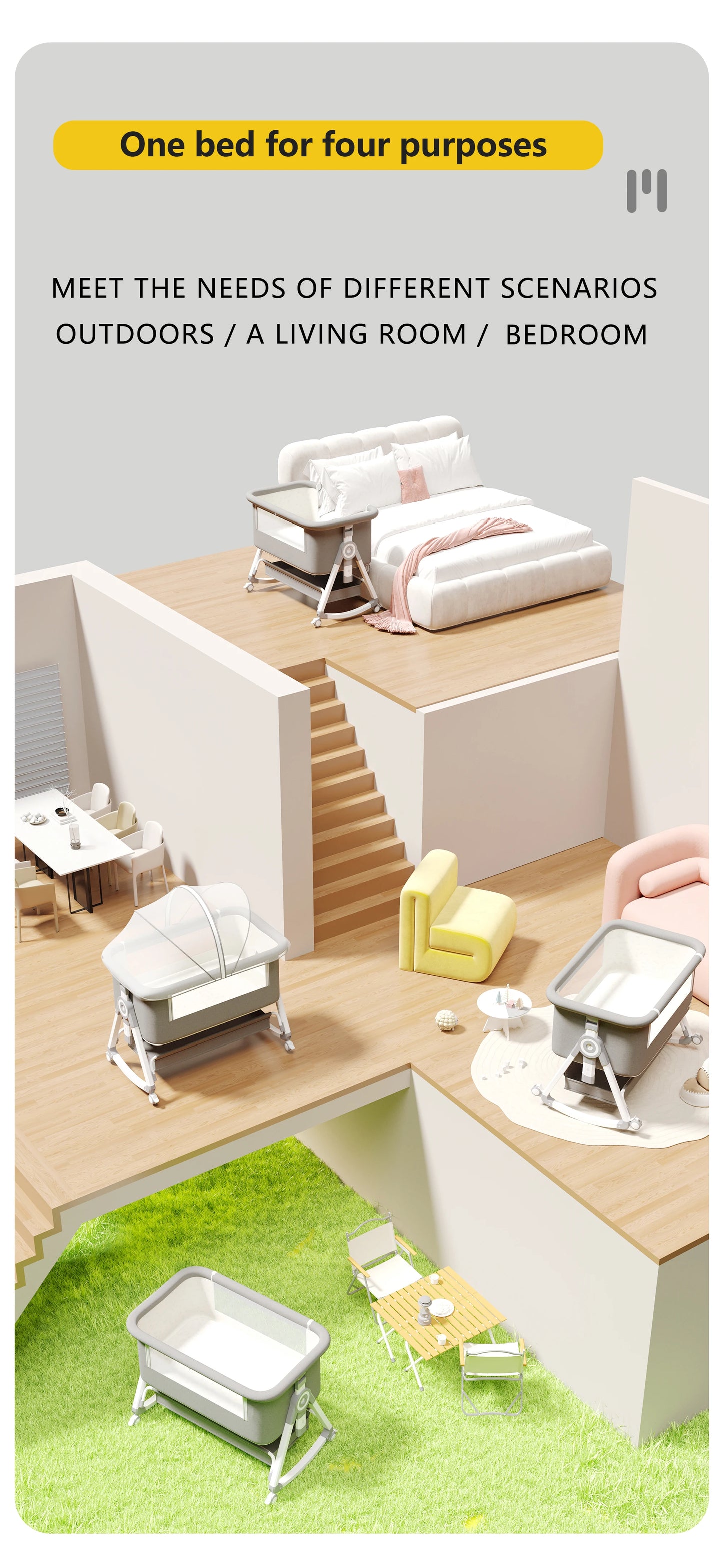 5-in-1 baby crib, adjustable height from 40-53, rocking bed, mosquito net and storage basket, free delivery