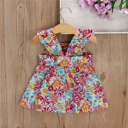 (Filles 0-3 ans) Nouvelle robe d'été pour filles, dos nu, petites manches volantées, fleurs à volants, imprimé complet + sac à bandoulière, robe trapèze