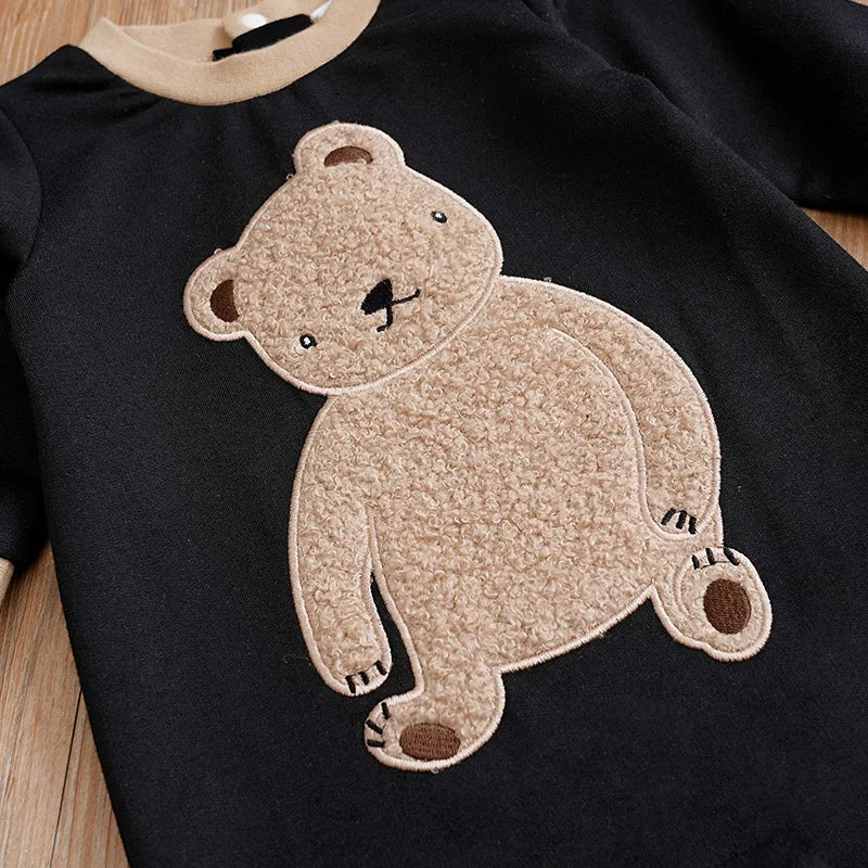 Body bébé à manches longues et courtes brodé en peluche pour garçons et filles, motif ours en peluche mignon, printemps et automne