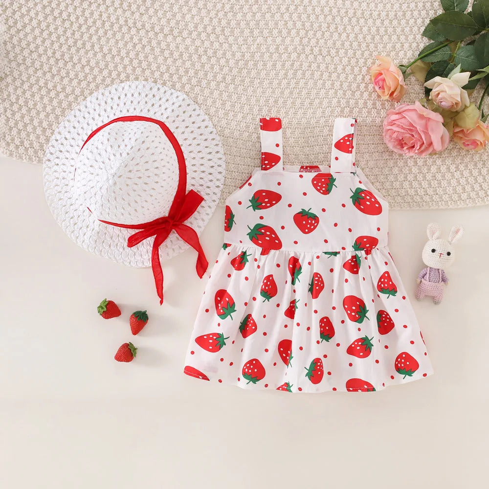 Ensemble robe et chapeau d'été pour bébé fille, 2 pièces, robe décontractée à petits pois ronds, imprimé fraise, nœud sur le devant, pour tous les jours