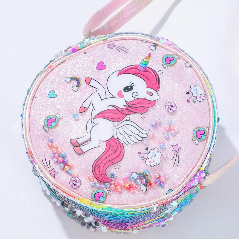 Kids Accessories Summer Lovely Kids Girls Sequin Crossbody Bag 3 Colors Cartoon Printed Round Shoulder Bag with Adjustable Strap