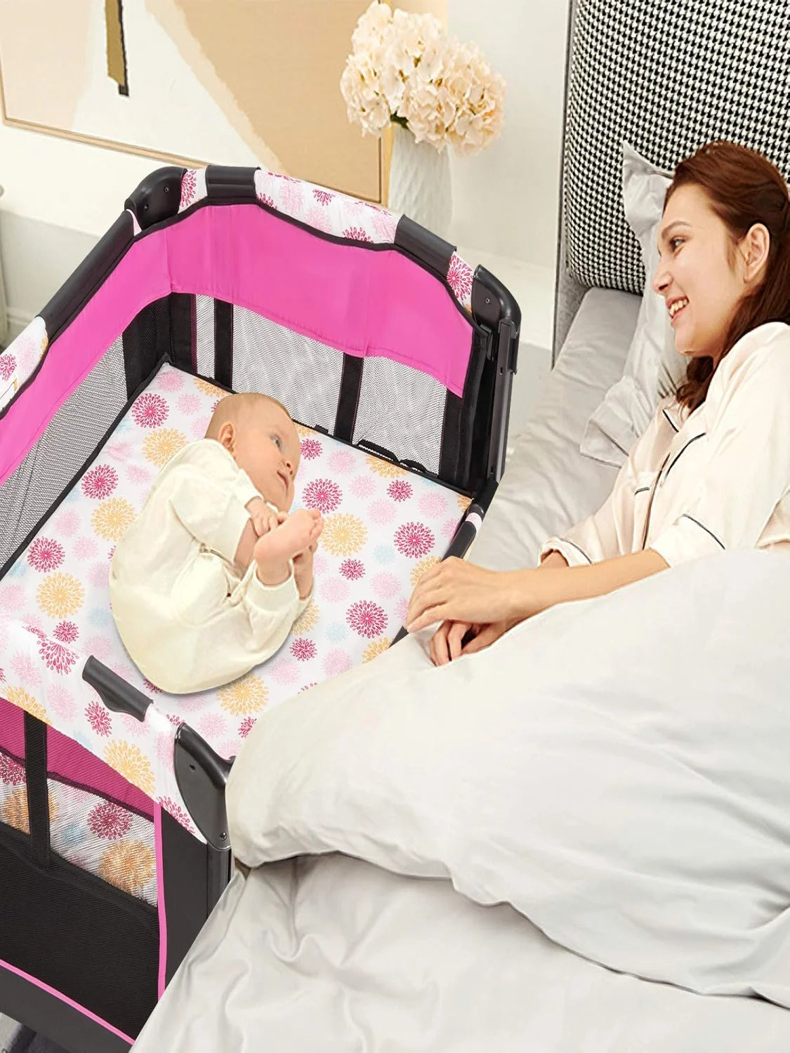 4-in-1 Folding Travel Cot & Cot & Changing Table & Playpen, 2 Levels Baby Bed Height Adjustable with Carry Bag, Mattress