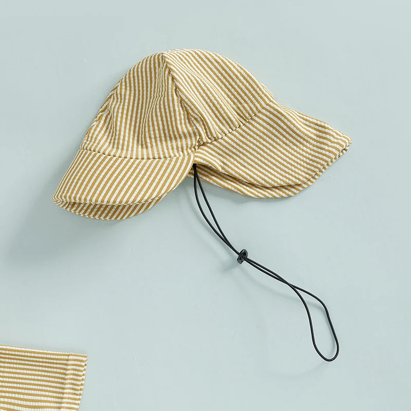 Maillots de bain d'été pour bébés garçons, imprimés rayés, fermeture éclair, col rond, manches courtes, combinaisons anti-éruption cutanée, chapeaux, maillots de bain