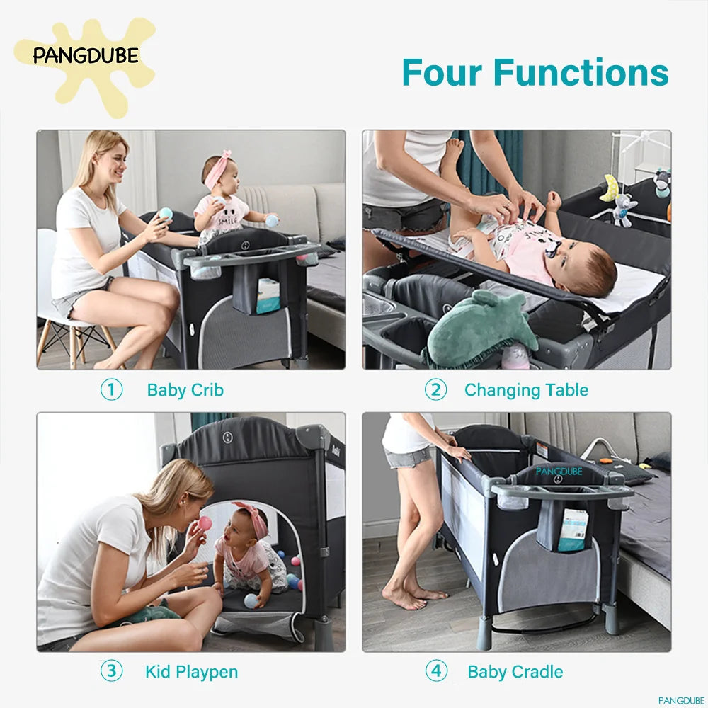 PANGDUBE Multifunctional Baby Crib 120*60cm Baby Bed, Baby Rocker, Diaper Changing Table 0 ~ 6 Years Old Baby Cot