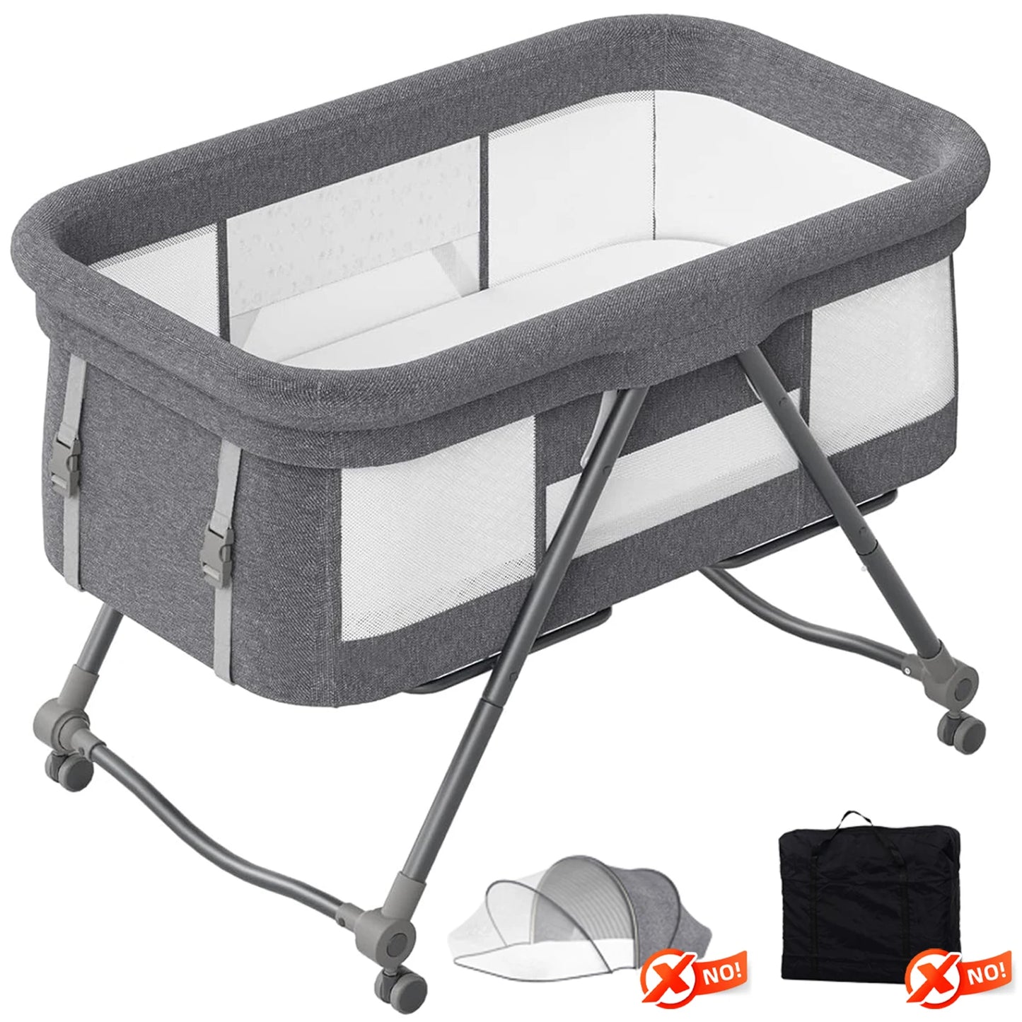 UBRAVOO Baby Grab-and-go Travel Cot with Mattress & Silent Wheels, Rocking Crib Convertible, XYT-001