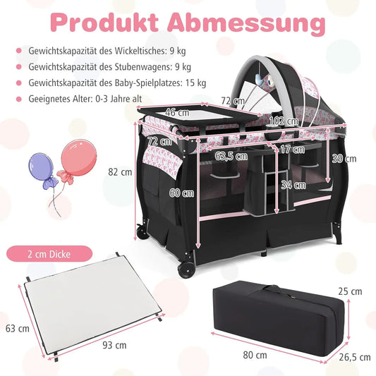 5-in-1 Travel Cot with Mattress,with Adjustable Canopy,with Changing Mat,Music Box & Carry Bag,up to 15 kg Load Capacity