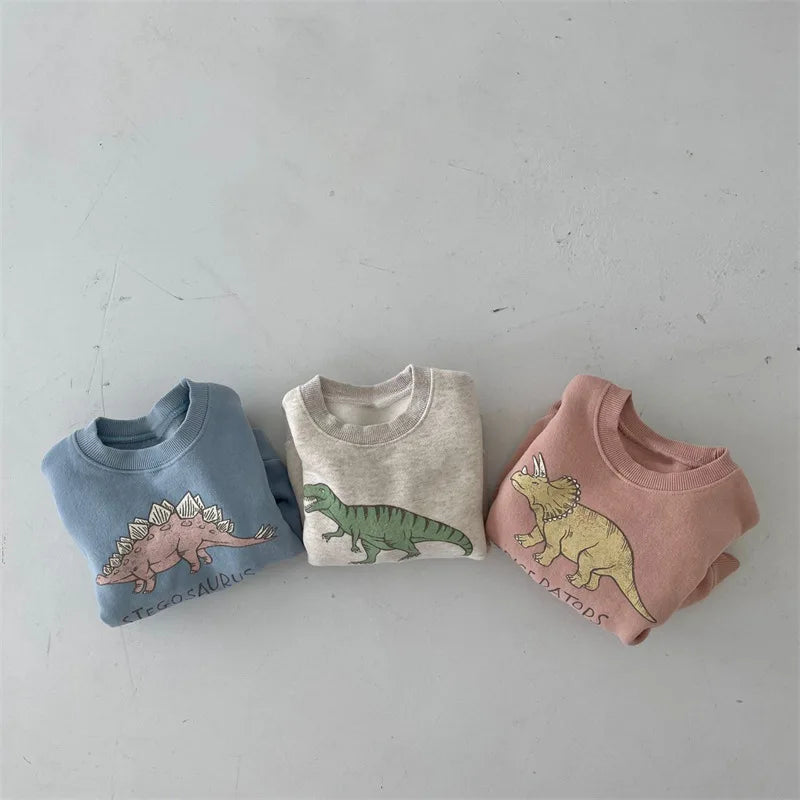 Winter Baby Girls Boys Fleece Velvet Warm Long Sleeve Tops Spring Kids Sweatershirt Dinosaur Print Hoodies