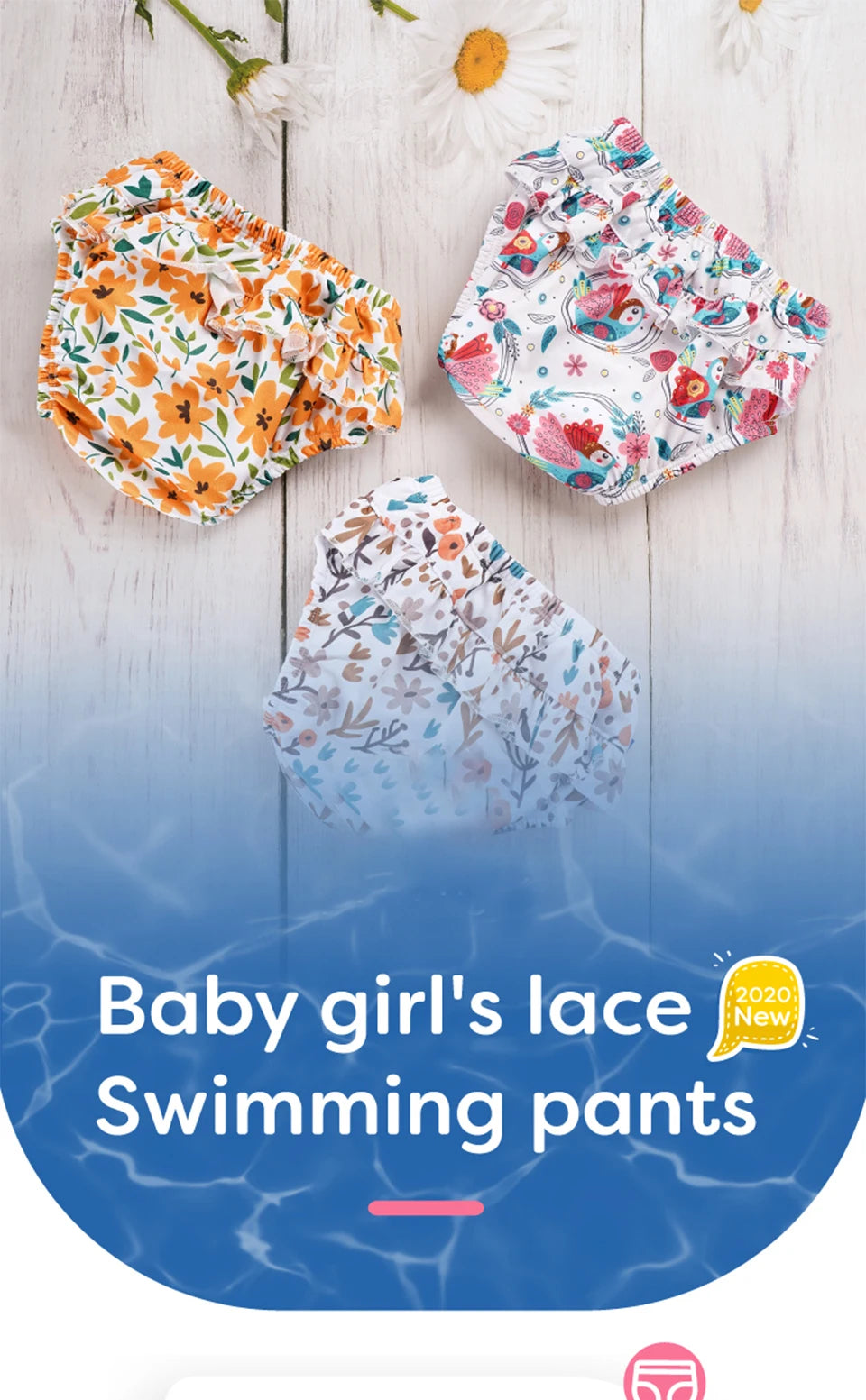 Elinfant 3 Size Flower Side Comfortable Baby Swim Diapers Fashion Print Reusable Washable Swimming Diaper Pool Pants