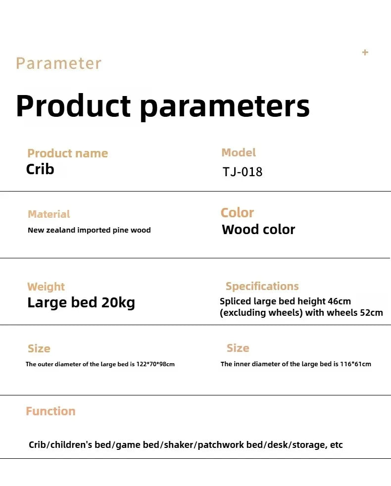 2025 New Baby Comfortable Sleeping Bed Solid Wood Newborn Baby Bed Multifunctional Baby Rocking Bed with Wheels and Mosquito Net