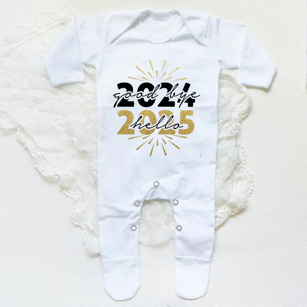 Combinaison de nuit imprimée Hello 2025 pour bébé, barboteuse, bonne année, nouveau-né, combinaison, pieds pour bébé, body à manches longues