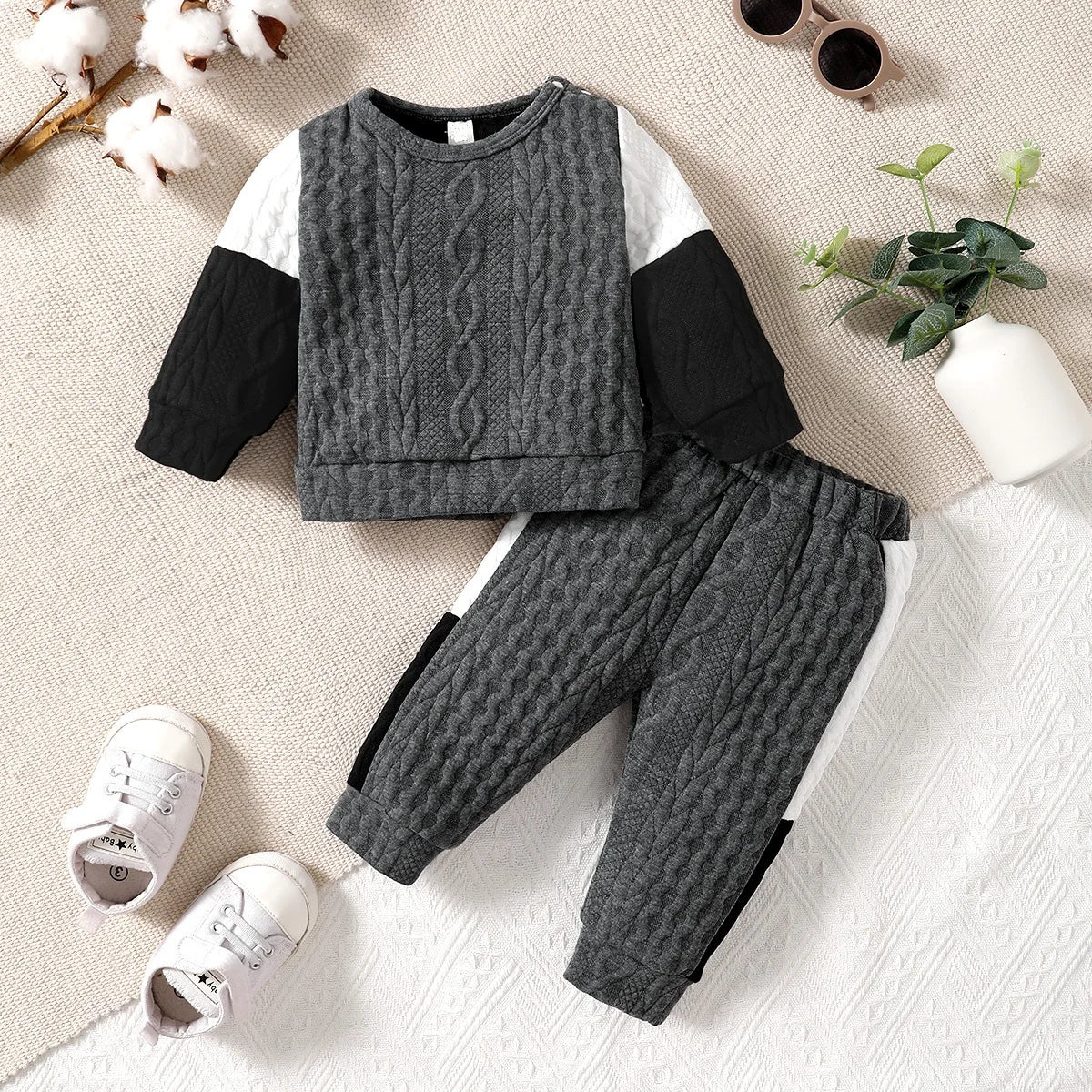 Ensemble de vêtements d'hiver pour garçons, décontracté, avec boucle sur l'épaule, manches longues, en coton et soie épais, blanc, noir, gris, coutures, manches longues, mode garçon