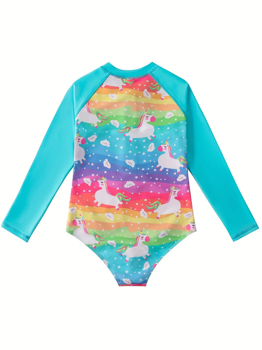 Maillot de bain arc-en-ciel pour fille, manches longues, bas de bikini, imprimés colorés et joyeux, motif animal et cheval fantaisiste