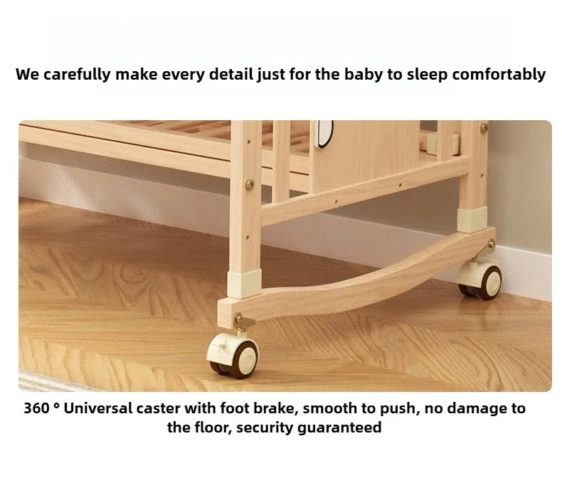 2025 New Baby Comfortable Sleeping Bed Solid Wood Newborn Baby Bed Multifunctional Baby Rocking Bed with Wheels and Mosquito Net