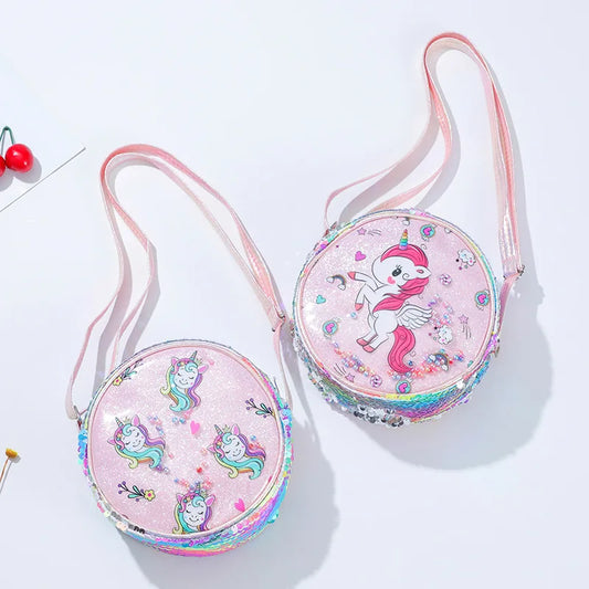 Kids Accessories Summer Lovely Kids Girls Sequin Crossbody Bag 3 Colors Cartoon Printed Round Shoulder Bag with Adjustable Strap