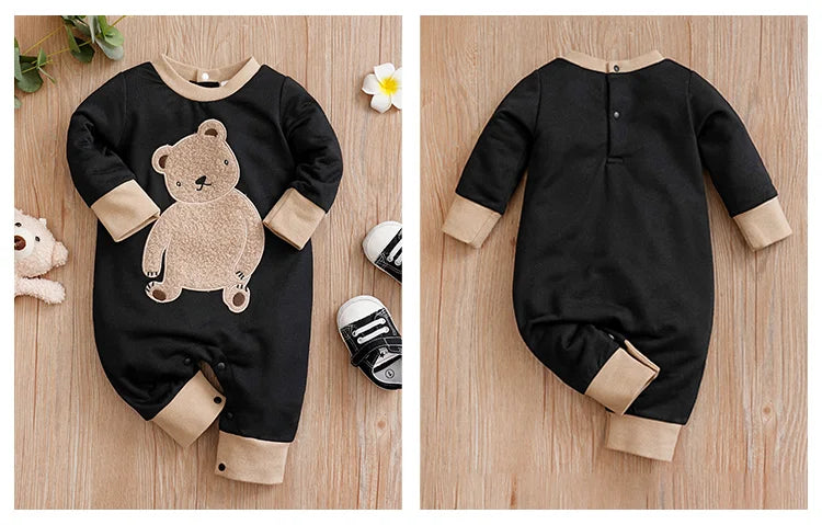 Body bébé à manches longues et courtes brodé en peluche pour garçons et filles, motif ours en peluche mignon, printemps et automne