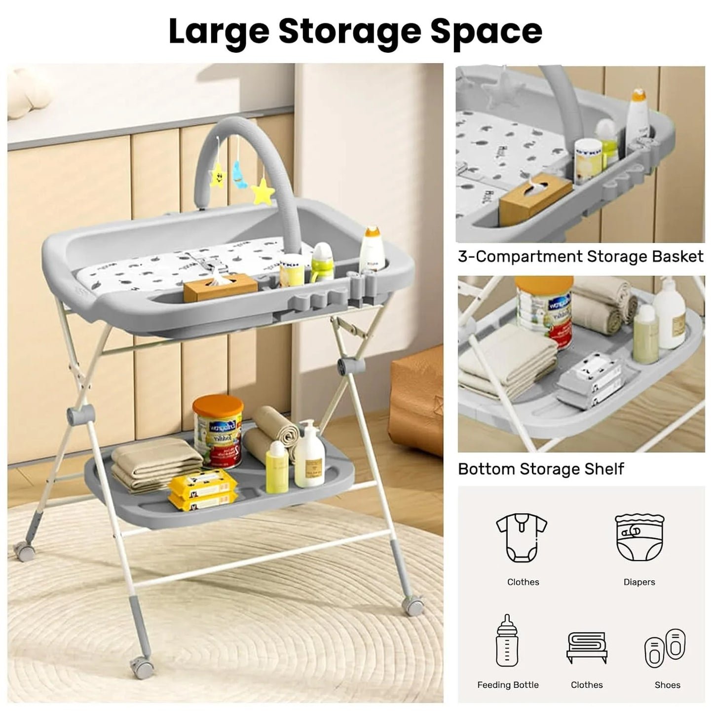 Baby Portable Diaper Changing Table, Folding Diaper Changing Station with Wheels, Adjustable Height Diaper Station with Nursery