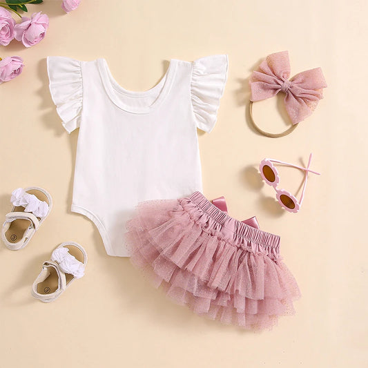 Pudcoco Tenue d'été pour bébé fille avec manches à volants et imprimé lettres, barboteuse en dentelle, jupe tutu et bandeau, vêtements pour nouveau-né