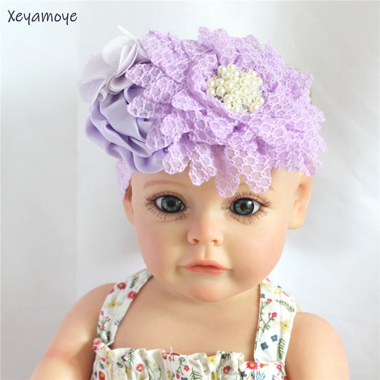 Baby Birthday Headband Photo Props Headwear Chiffon Flower with Diamond Lace Wide Headband for Baby Girls Headwrap Infant Turban
