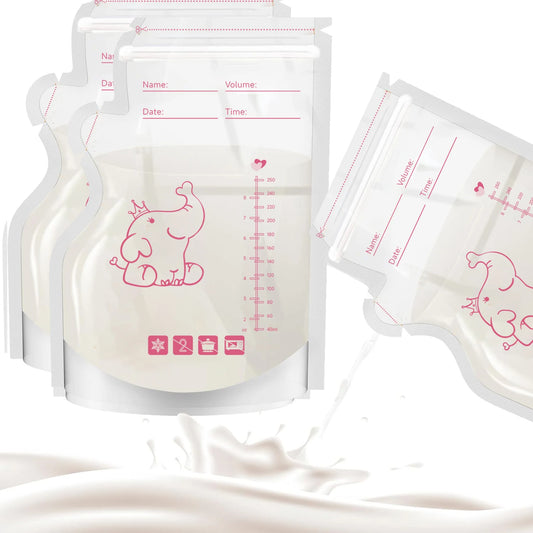 Lot de 50 sachets de conservation du lait maternel pré-stérilisés, anti-fuites, sans BPA, jetables, pour le stockage du lait maternel, pour le pompage et la congélation, motif éléphant