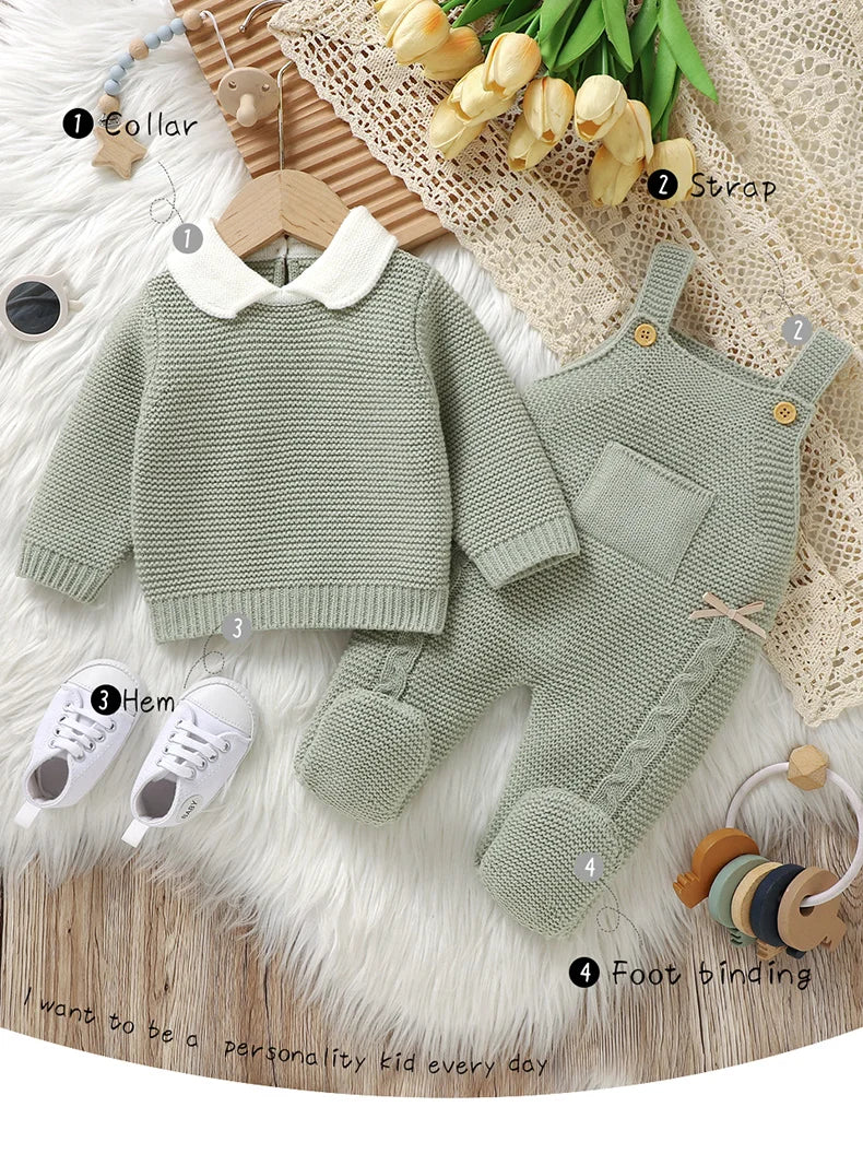 Ensemble de vêtements d'automne pour bébé, pull en tricot à manches longues + barboteuse sans manches pour nouveau-né + combinaison pour les pieds (0-9 mois)