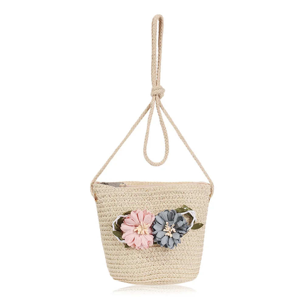 New Summer Kids Flower Caps Bag Girl Sandy Beach Hat Baby Coin Cute Weave Straw Purse Children's Messenger Backpack