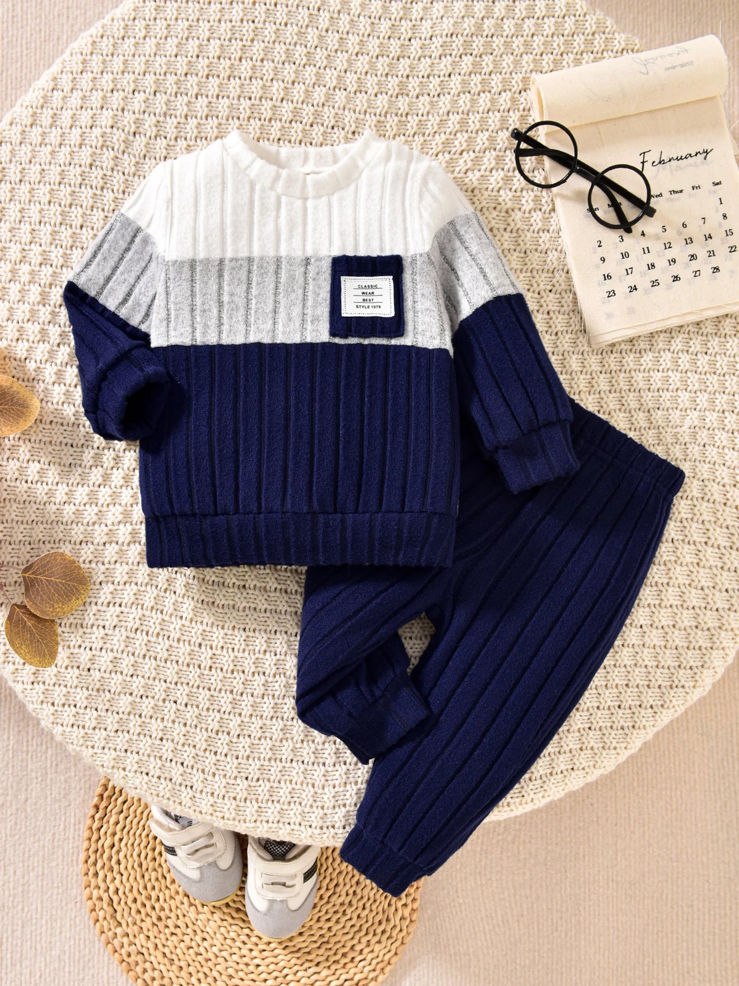 VISgogo Ensemble de vêtements 2 pièces pour garçons de 0 à 3 ans, pull à manches longues et col rond, couleur unie, pantalon