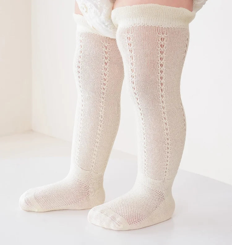Lot de 5 paires de chaussettes longues ajourées pour bébé, en maille respirante, en coton, princesse, sans os, montantes, fines, pour nouveau-né, de 0 à 2 ans