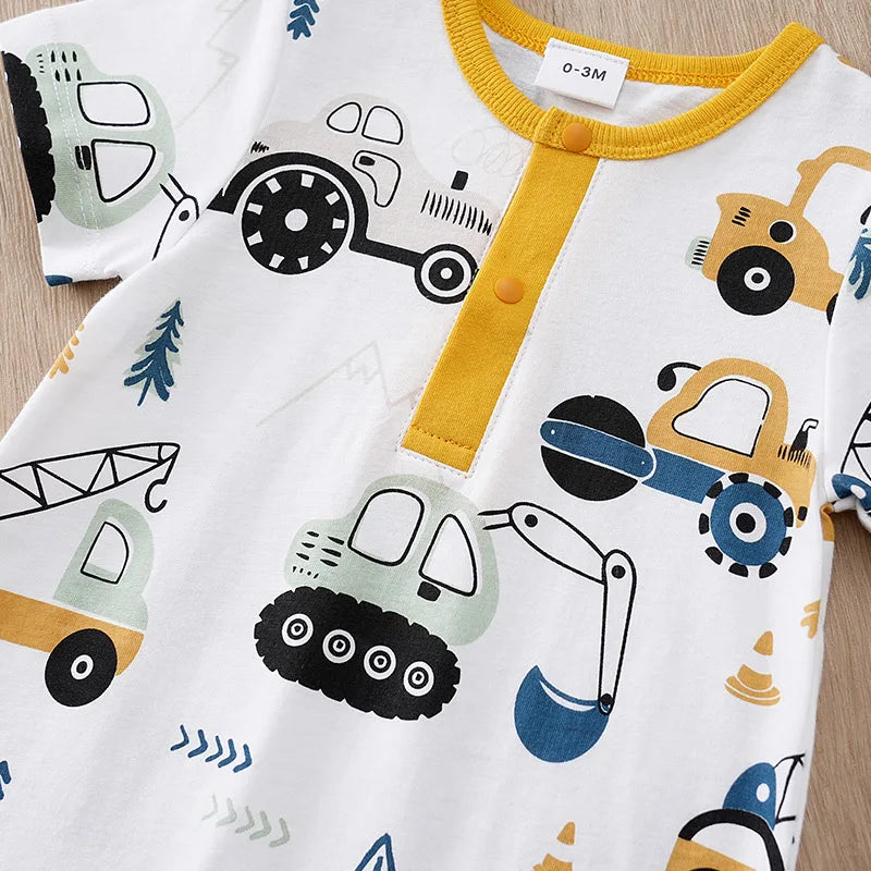 Body d'été pour bébé, motif voiture de dessin animé mignon, tout en coton, confortable, décontracté, col rond, manches courtes