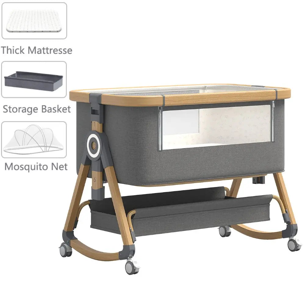 Portable Foldable Baby Crib 3-in-1 Adjustable Height with Rotatable Wheels Shaker Bassinet Mosquito Net Newborn Baby Bed