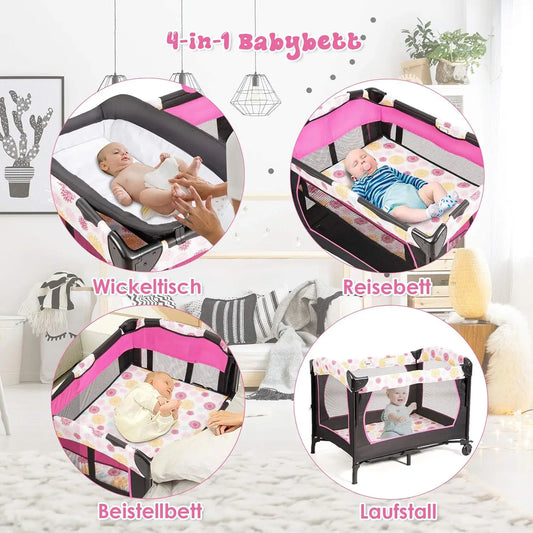 4-in-1 Folding Travel Cot & Cot & Changing Table & Playpen, 2 Levels Baby Bed Height Adjustable with Carry Bag, Mattress