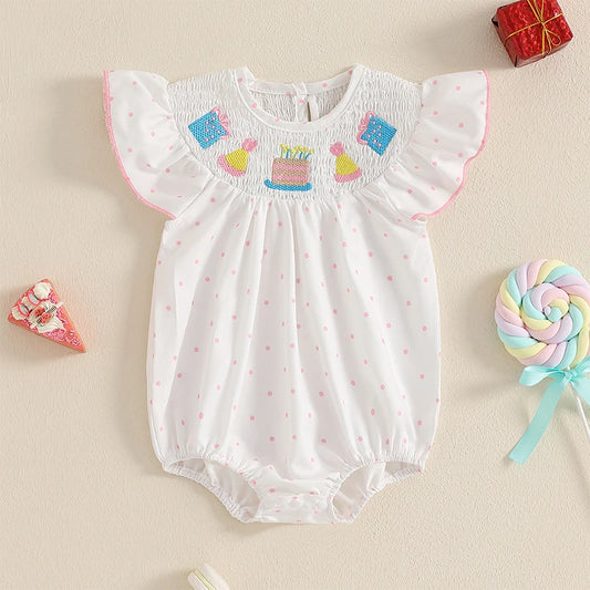 Tenue de premier anniversaire pour fille, gâteau d'anniversaire brodé, barboteuse à manches volantées, body smocké, tenues mignonnes pour bébé fille