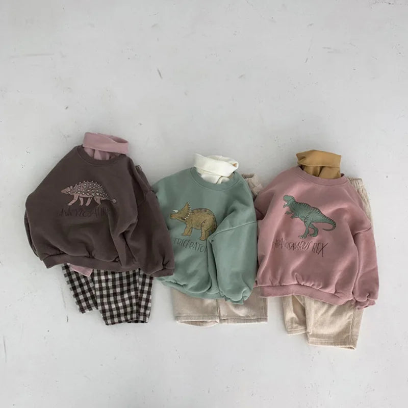 Winter Baby Girls Boys Fleece Velvet Warm Long Sleeve Tops Spring Kids Sweatershirt Dinosaur Print Hoodies