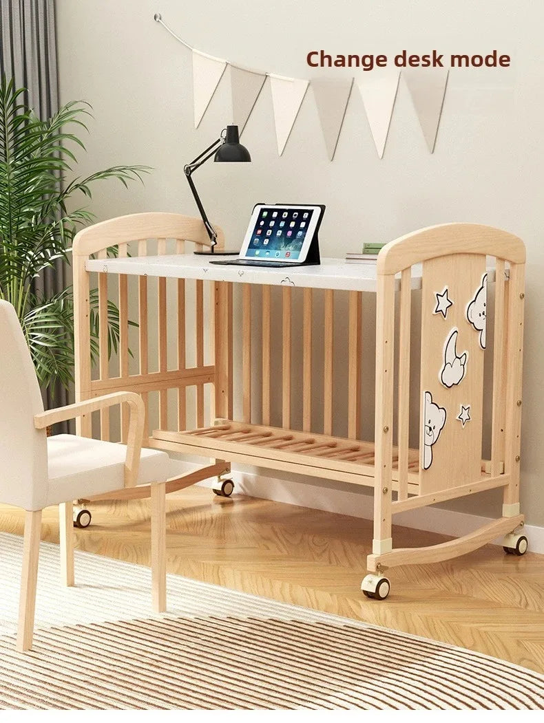 2025 New Baby Comfortable Sleeping Bed Solid Wood Newborn Baby Bed Multifunctional Baby Rocking Bed with Wheels and Mosquito Net