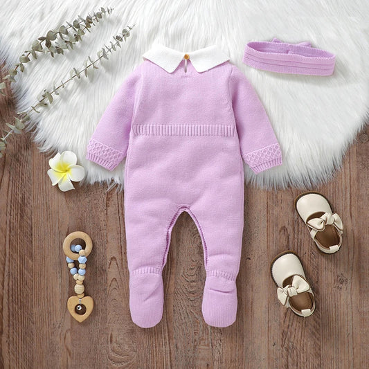 Barboteuse en tricot pour bébé fille de 0 à 9 mois, manches longues, revers, nœud sur le devant, pull à pieds avec bandeau