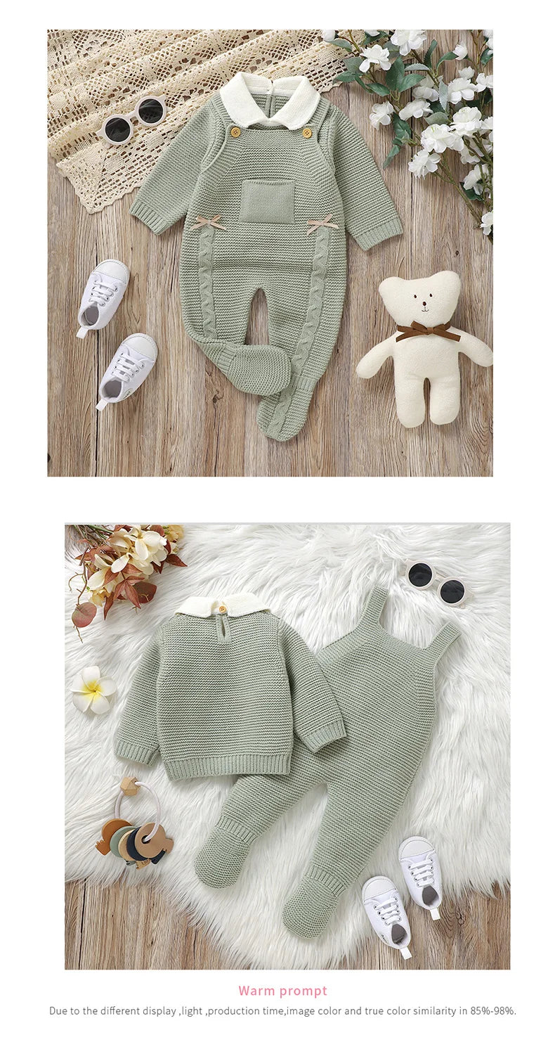 Ensemble de vêtements d'automne pour bébé, pull en tricot à manches longues + barboteuse sans manches pour nouveau-né + combinaison pour les pieds (0-9 mois)
