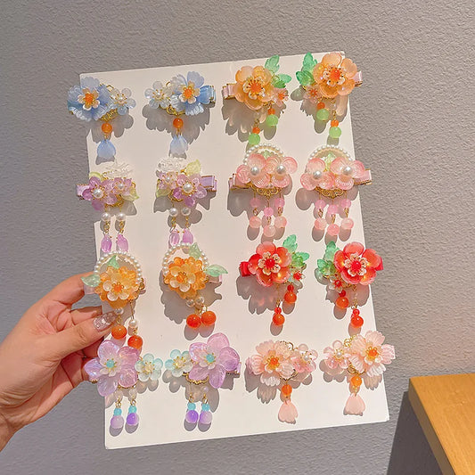 Children's Antique Style Tassel Hair Clip Headwear for Girls Hanfu Flower Hair Clip for Girls Bangs Hair Accessory