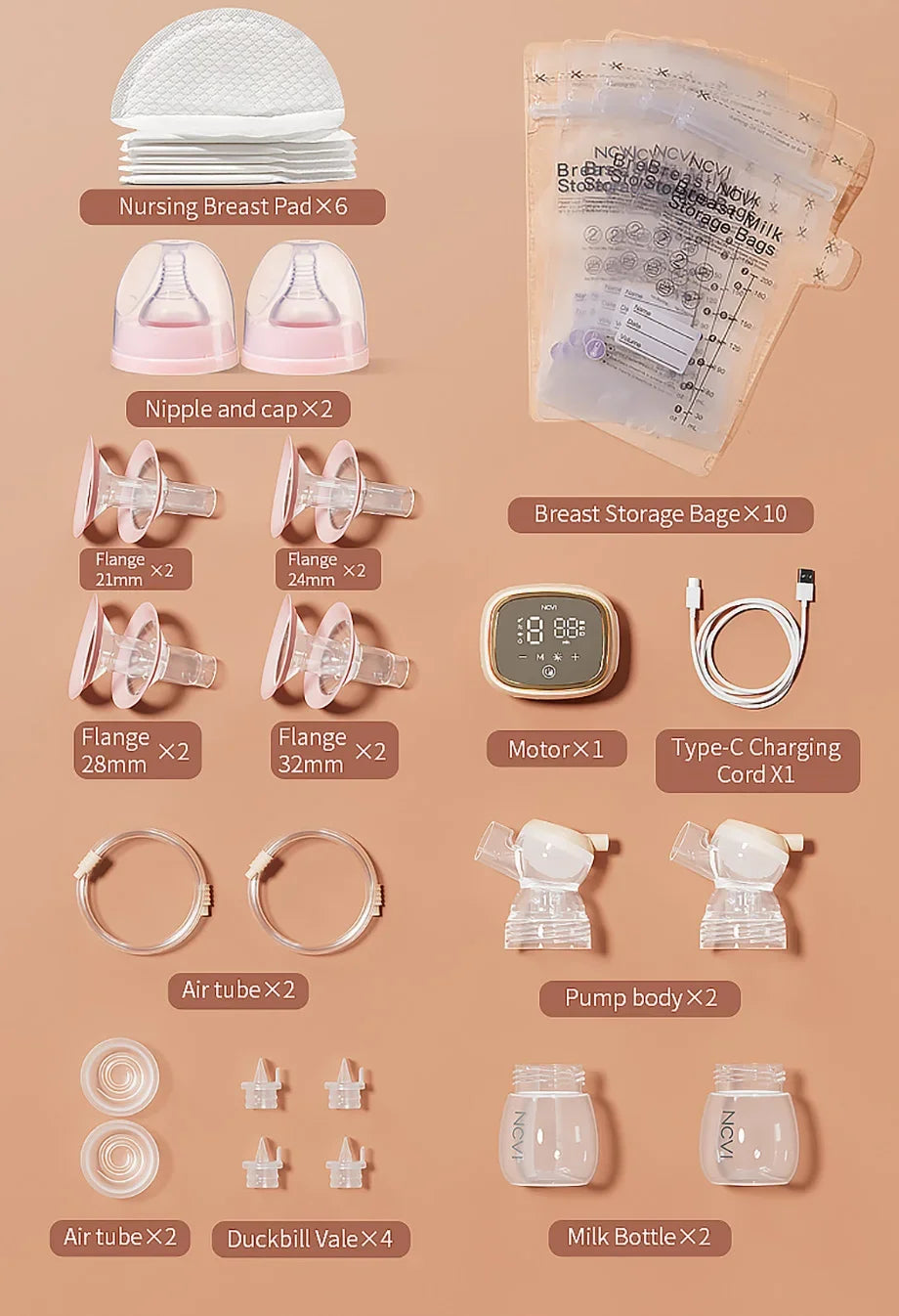 Tire-lait électrique double NCVI – 4 modes et 9 niveaux d'aspiration, ultra-silencieux, affichage LED, sachets de conservation du lait inclus
