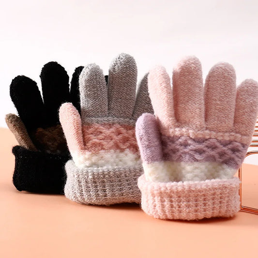 Winter Kindergarten Children Striped Split Finger Gloves Thick Warm Kids Knitted Glove 3-6year Boy Girl Baby Hand Warmer Mittens