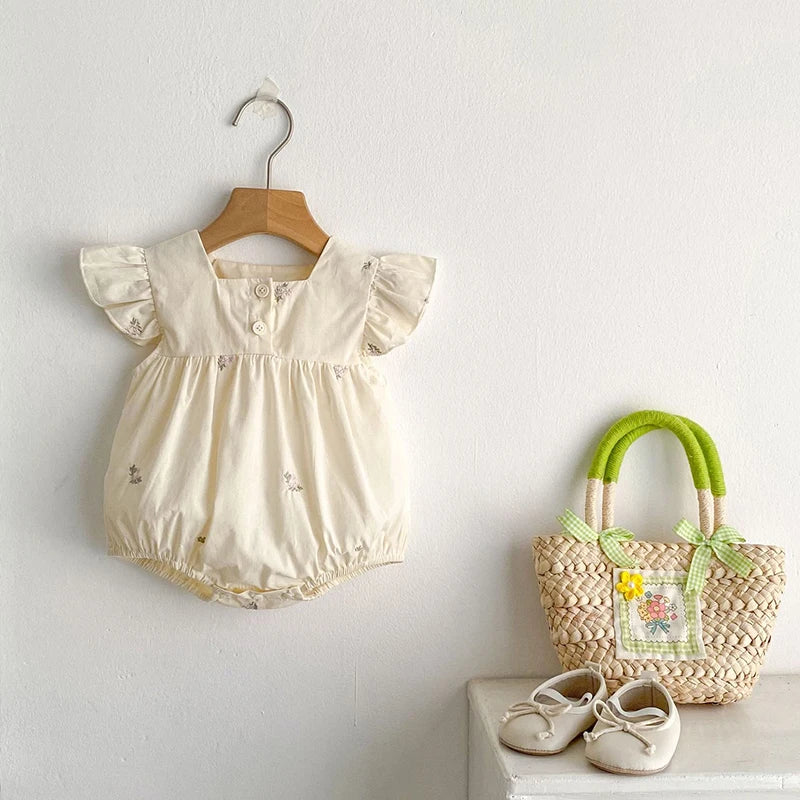 Barboteuse d'été pour bébé fille, manches volantées, vêtements en dentelle douce, barboteuse pour nouveau-né, combinaison pour fille, fleurs brodées, barboteuse pour bébé