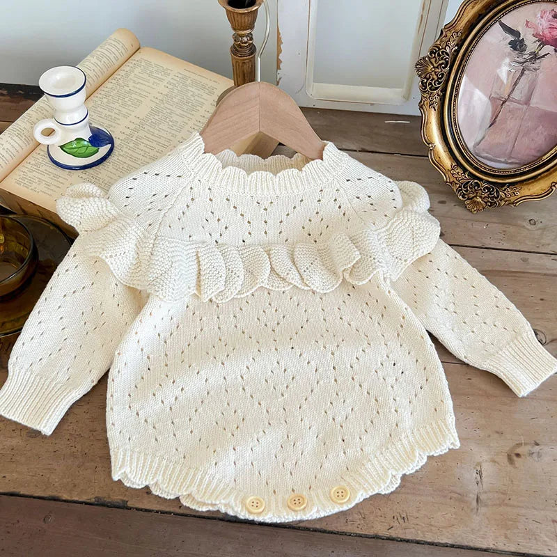 Body tricoté pour nouveau-né fille, couleur unie, ajouré, manches longues, automne, printemps, combinaison tricotée pour bébé fille