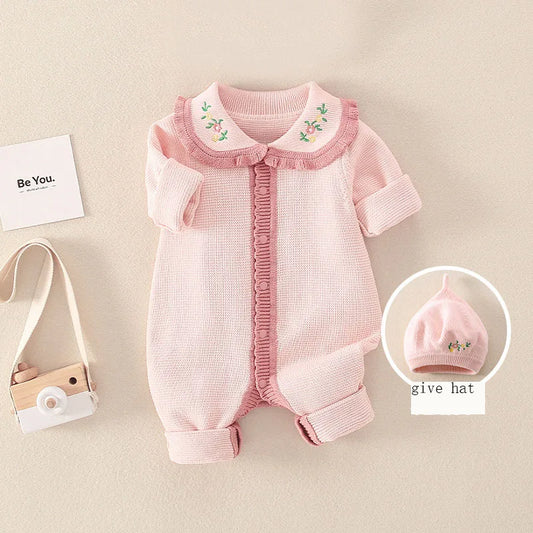 Barboteuse tricotée en coton à manches longues pour nouveau-né fille, col brodé, combinaison pour bébé fille, automne-hiver 2024